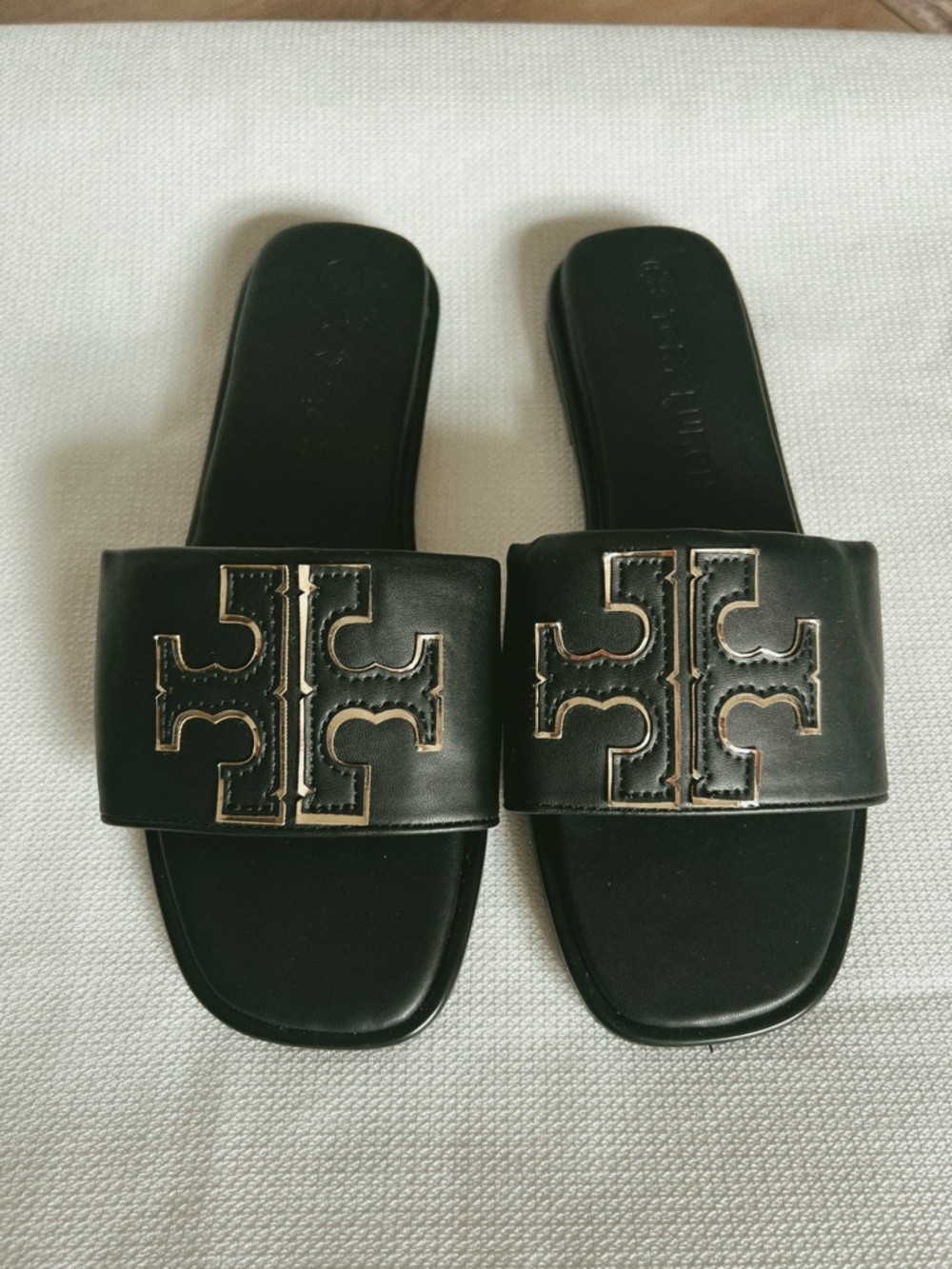 Tory Burch Black Leather Slide Sandals with Gold Logo Trim
